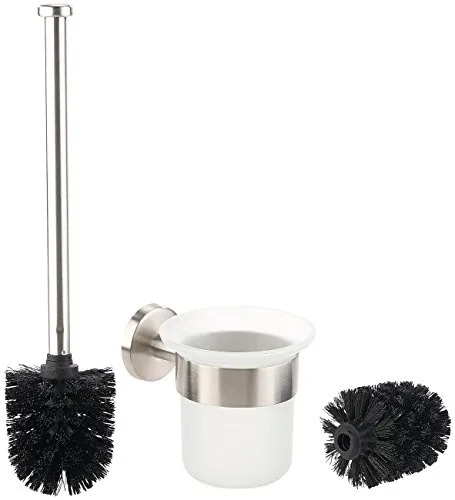 BadeStern WC Bürstenhalter Glas: Edelstahl/Glas-WC-Garnitur, Wandmontage, 2 Bürsten-Aufsätze, schwarz (Klobürste Edelstahl Wandmontage, Bürstenhalter, Ersatzbürsten)