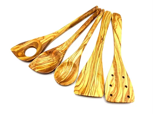 Olivenholz-Erleben Kochbesteck-Set aus edlem Olivenholz, 5-teilig - Praktisches 5-teiliges Küchenhelfer-Set aus hochwertigem Olivenholz. Ideal für den täglichen Einsatz, handgefertigt und jedes Stück ein Unikat. Pflegeleicht und langlebig.