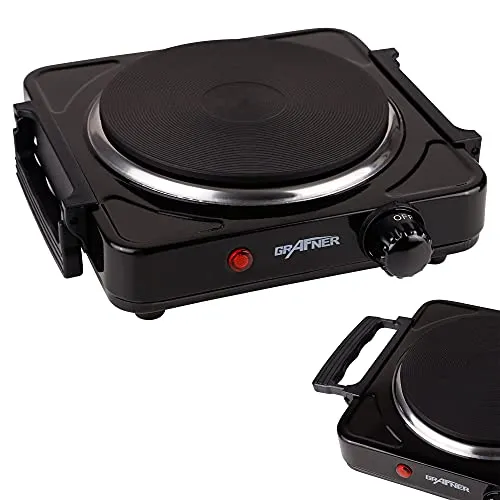 Grafner Kochplatte mit klappbaren Griffen, 1000 Watt, 1 Massekochfeld mit 1x Ø 155 mm, stufenlose Temperatureinstellung, Farbe nach Wunsch: schwarz oder weiß, Kochfeld Herdplatte Campingkocher