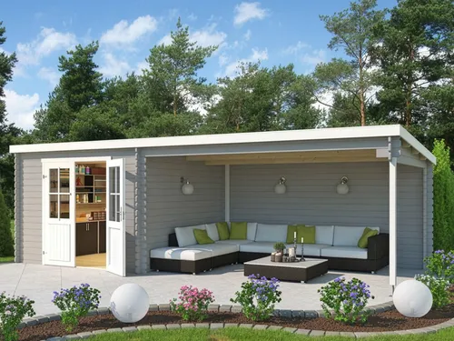 Gartenhaus Blockbohlenhaus St. Louis Exklusiv grau mit Anbau - Robustes Blockbohlenhaus mit Pultdach und Doppeltür. Ideal für die Aufbewahrung von Gartenutensilien. Hohe Qualität aus Fichtenholz, bietet viel Platz und ein stilvolles Design für Ihren Garten.