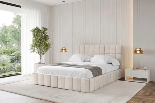 ALTDECOR Polsterbett mit Bettkasten und Lattenrost, Bett mit Kopfteil, Boxbett ohne Matratze, Doppelbett mit Stauraum - AMEA 160x200 Beige