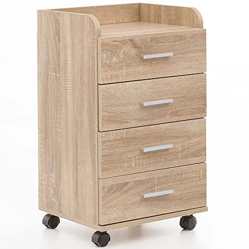 möbelando Rollcontainer WL5.749 40x70,5x33cm Sonoma | Schreibtisch-Container Rollschrank 4 Schubladen | Moderner Schubladencontainer mit Rollen | Standcontainer Bürocontainer Beistellcontainer