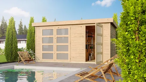 Karibu Gartenhaus Maluna 1 - Praktisches Gartenhaus mit zwei Räumen aus nordischer Fichte, inklusive Fußboden und Dacheindeckung. Ideal für Gartenwerkzeuge und kreative Projekte, sicher verschlossen mit bruchsicherem Kunstglas.