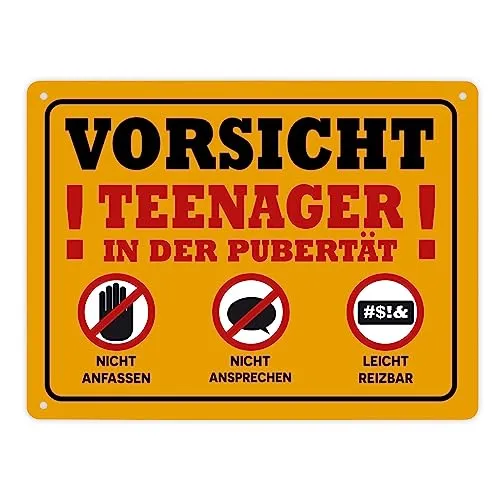 Vorsicht Teenager in der Pubertät Metallschild XL in 21x28 cm mit Warnhinweisen für Jugendliche zum Geburtstag die gerne ihre Ruhe haben und genervt sind