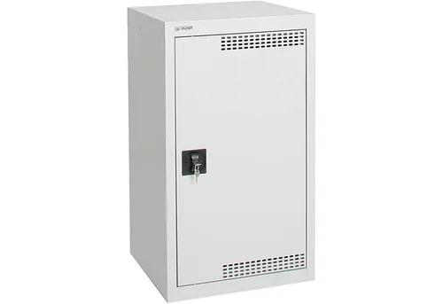 Umweltschrank H900xB500xT500mm lichtgrau mit 2 Wannen - Robuster Stahlblechschrank mit pulverbeschichteter Oberfläche und höhenverstellbaren Wannenböden. Ideal zur sicheren Aufbewahrung von Flüssigkeiten, mit einem Auffangvolumen von 2 x 10 Litern. Praktische Flügeltüren und versenkter Drehriegelverschluss.