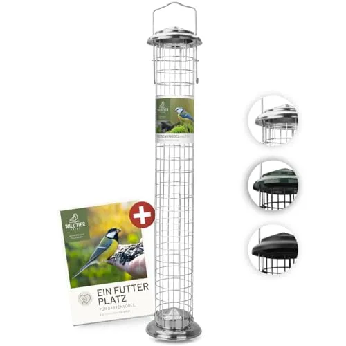 wildtier liebe Meisenknödelhalter aus Edelstahl 52cm, Silber - Vogelfutterspender aus rostfreiem Edelstahl, Vogel Futterstation, Futtersäule, Wildvögel Futtersilo, ganzjährige Fütterung, 2er Set