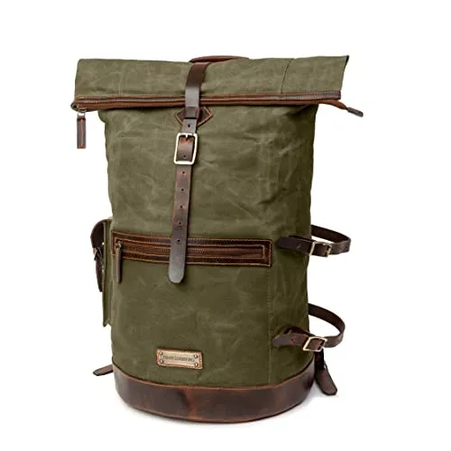 DRAKENSBERG Großer Reise Rucksack 'Dale' – Vintage Wasserabweisend - Großer Reise Rucksack 'Dale' aus gewachstem Canvas und Leder, ideal für Reisen bis 7 Tage. Wasserabweisend und formstabil, perfekt für Biker und Abenteuerlustige.