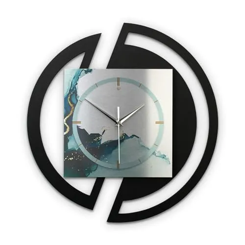 Kreative Feder Runde 3D Designer-Wanduhr Turquoise in modernem Metallic-Look Silber-schwarz ohne Tickgeräusche (Turquoise, leises Funkuhrwerk)