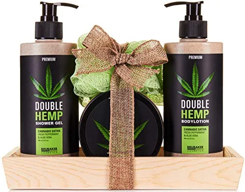 BRUBAKER Cosmetics Hanföl Dusch- und Pflege Set frische Minze & Aloe Vera mit Deko Tablett aus Holz - Black Edition