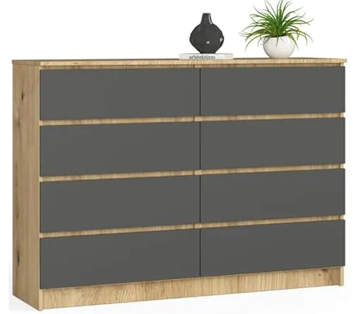 BDW - Kommode mit 8 Schubladen, Komodenschrank K140, Sideboard, Wohnzimmer Schlafzimmer Flur Möbel, Büroschrank, Robustes Material und modernes Design - 138x40x99 cm, Artisan-Eiche/Grau