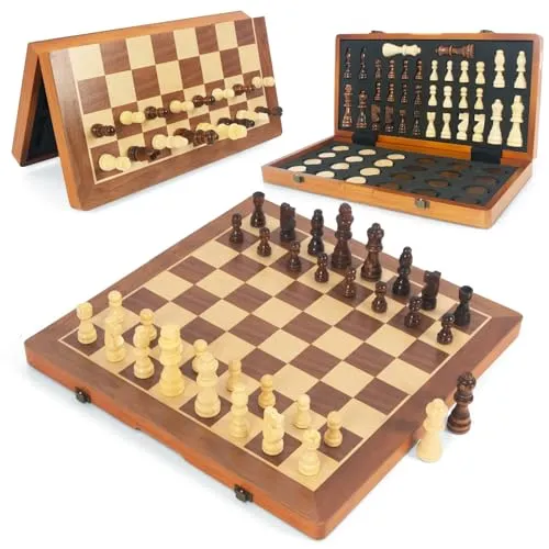 WOODENFUN Schachspiel Magnetische Holz für Erwachsene und Kinder Faltbares Schachbrett 40x40cm Tragbares Schachspiel Nuss- und Kiefernholz (Braun 2 in 1)