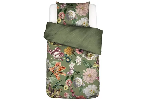 Essenza Bettwäsche Filou Forest Green Satin, Satin, 2 teilig, Blumen, Rosen, Dahlien, Punkte