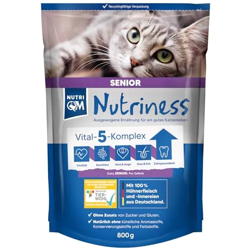 NutriQM® Nutriness Katzenfutter trocken Senior Huhn 800 g – Für ältere Katzen ab 8 Jahren – Trockenfutter mit Leinsamen & Chicorée – Glutenfrei & Zuckerfrei – Tierwohl-Zertifiziert – Made in Germany