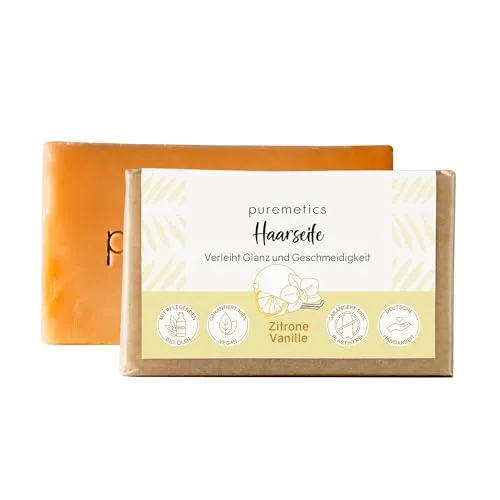 puremetics Haarseife 'Zitrone Vanille' | Festes Shampoo | Natürliche Bio Seife Haare