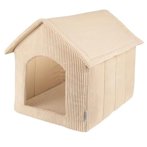 Petsona Hundehütte Rippenstrickstoff Waschbarer Bezug Reißverschlussdach, Beige,XXL