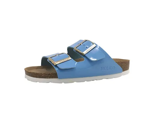 Rohde Damen Pantolette Alba 5576 - Blau mit zwei Schnallen - Modische Pantolette aus glänzendem Lack mit anatomisch geformtem Kork-Fußbett für höchsten Tragekomfort, ideal für warme Tage und vielseitig kombinierbar.