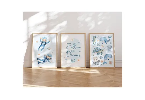 MeinBaby123® Poster Kinderzimmer Meerestiere,  Kinderzimmer Deko, Kinderzimmer Bilder, Unterwasserwelt, süßer Wal, Schildkröte, Qualle