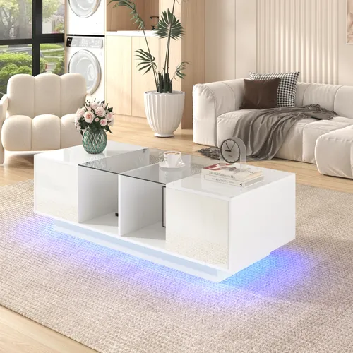 STILVORA Couchtisch Rechteckiger Wohnzimmertisch Beistelltisch mit 2 Tür und Glasablage,hochglänzender Tischplatte,Beistelltisch mit LED-Beleuchtung,Weiß