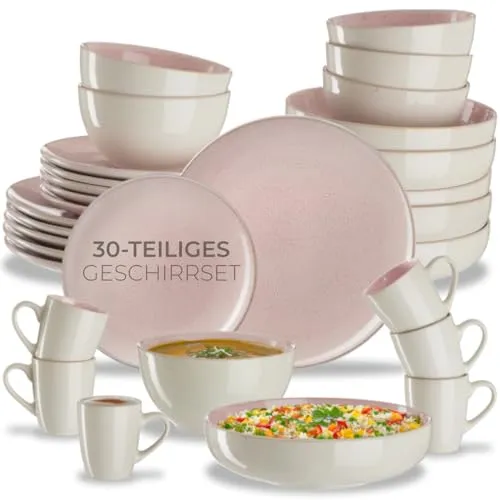 tectake® 30tlg. Kombiservice 6 Personen, Steingut Geschirrset 6 Personen, handgefertigtes Teller Set mit Schüsseln und Tassen, Geschirr Set spülmaschinen- und mikrowellengeeignet - Coral Blush