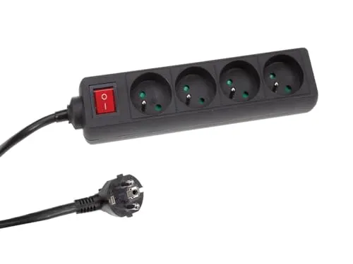 Perel Steckdosenleiste mit Schalter, 4 Steckdosen Typ E, Kabel 1.5 m, 3G1.5, Innenbereich, Schwarz