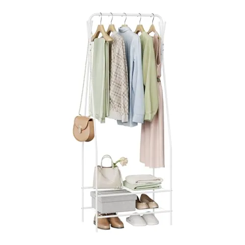 WOLTU Kleiderständer Garderobenständer Kleiderstange Schuhregal Metall mit 2 Metallablagen für Schuhe, Weiss, ca. 60 x 34 x 157(BxTxH)