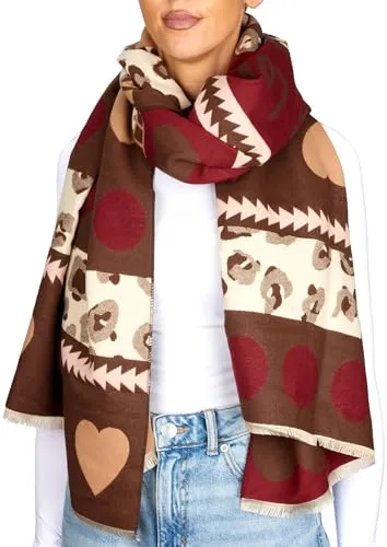 BRUBAKER Cashmirillo Damen Schal mit Herz Muster - 70 x 200 cm - Warm, Kuschelig & Oversized - Damenschal für Herbst & Winter - Winterschal - Weiches Kaschmir-Gefühl - Bordeaux Rot, Braun & Rosa