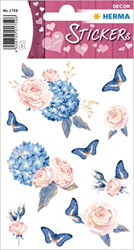 HERMA 1759 Aufkleber Blumen Blau Rosa klein groß, 30 Stück, Rosen Sticker mit Schmetterlingen, selbstklebend, Etiketten für Valentinstag Liebe Hochzeit Geburtstag Scrapbooking Dekoration Geschenk DIY