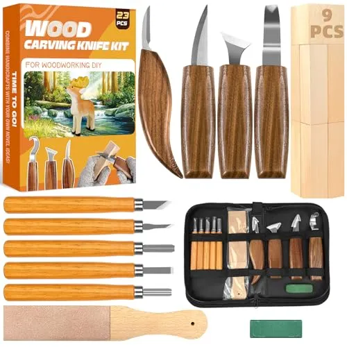 Holzschnitzwerkzeuge,23-teiliges Holzschnitzset, Holzschnitzset mit 4 großen Holzschnitzmessern, 5 Detailmessern, und PU-Tasche, Holzschnitzwerkzeug-Set für Anfänger