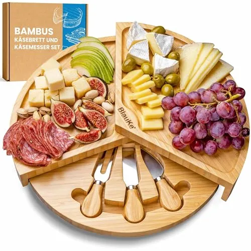 Bambus Käsebrett mit Käsemesser Set – 37cm Rund Servierplatte aus Holz für Käse und Häppchen – Drehplatte Servierbrett aus Holz Käseplatte Drehbar – Cheese Board Charcuterie Board – Geschenke Idee