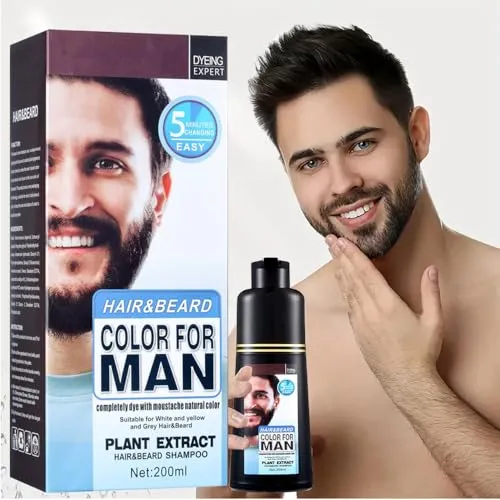 Men Mustache & Beard Dye for Gray Hair to Black, Beard Dye for Men Black in 5 Minutes for Easy Application, Natural Black Beard Color & Hair Dye Shampoo 200ml. (Natural Black, Bottles)