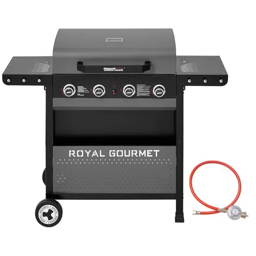 Royal Gourmet Gasgrill Grillwagen 4-Brenner mit 10 kW - Grillwagen mit 4 leistungsstarken Brennern für köstliche Grillabende, inklusive abnehmbarem Fettbehälter und praktischem Werkzeughalter.