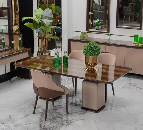 Moderne Küchengarnitur mit Designer Holz Esstisch und 4 Textilstühlen - 5-teiliges Set für stilvolle Esszimmer, bestehend aus einem rechteckigen Esstisch und 4 bequemen Stühlen. Ideal für gesellige Runden und zeitgemäße Einrichtung.