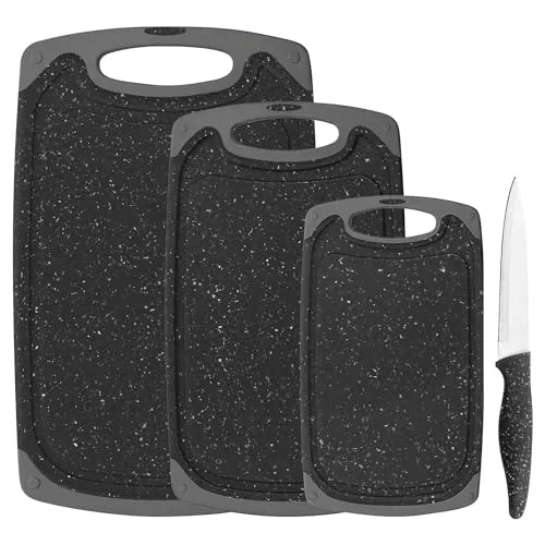 GRÄWE Schneidebrett mit scharfem Messer, 4-teilig, rutschfest, mit Saftrillen, antibakterielles Set, 3 Größen, Frühstücksbrettchen, Schneidebretter, BPA-frei, Spülmaschinengeeignet, Grau