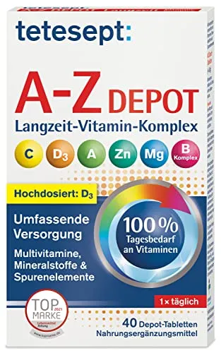 tetesept Vitamin A-Z Depot Tabletten | 1 x 40 Tabletten Depot | Nahrungsergänzungsmittel für eine umfassende Versorgung an Vitaminen, Mineralstoffen und Spurenelementen