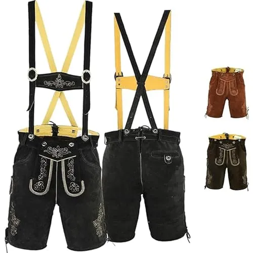 German Wear Kurze Trachtenlederhose mit Hosenträger - Trachtenlederhosen für Herren – 100% echtes Ziegenvelours, handgestickt und ideal für Oktoberfest oder festliche Anlässe.