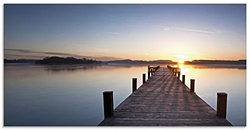 ARTland Wanddeko Glasbilder Wandbild Glas Bild einteilig 100x50 cm Querformat Natur Landschaft See Sonnenuntergang Steg Wald Himmel Sonne T9MV