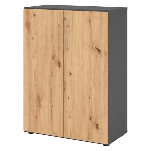 bümö Aktenschrank abschließbar - 80cm Holzschrank in Graphit/Asteiche - Büro-Aktenschrank mit hochwertigem Schloss und patentiertem Threespine-Klicksystem für werkzeuglosen Aufbau. Robuster Korpus und höhenverstellbare Standfüße sorgen für Stabilität und Anpassungsfähigkeit.