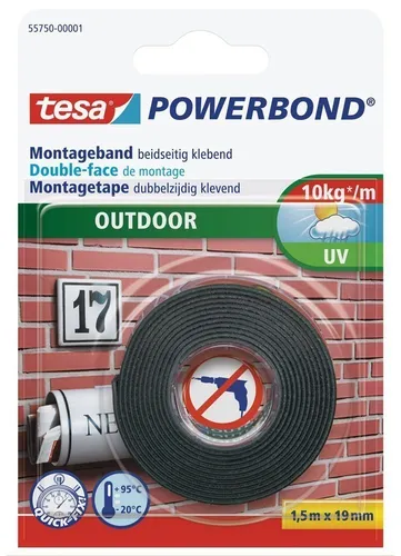tesa Powerbond Outdoor - Wasserfestes Montageband für den Außenbereich - Das tesa Powerbond Outdoor Montageband ist stark, UV-beständig und ideal für die sichere Befestigung im Freien. Es lässt sich einfach zuschneiden und hält bis zu 1 kg pro 10 cm auf vielen Oberflächen.