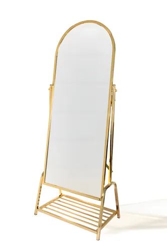 Stilvoller Standspiegel mit goldfarbenem Regal - Eleganter Standspiegel für Erwachsene, ideal für jedes Wohnzimmer. Mit modernem Metallrahmen und praktischem Regal bietet er Funktionalität und Stil in einem.