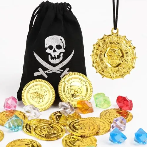 COLOFALLA Piraten Schatz Deko Set für Kindergeburtstag - Goldmünzen Set mit Acryl Diamanten und Golden Medaillen zum Piratenspiel