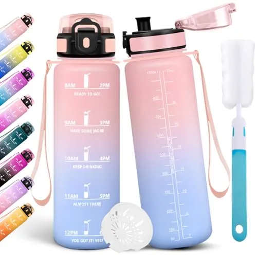Motswedi Trinkflasche 1l, Sport Wasserflasche, mit Bürste, Auslaufsicher, Trinkflasche Kohlensäure Geeignet, Flasche Sport, Wasserflasche Für Fitness, Wandern, Büro, Camping, Pink & Himmelblau