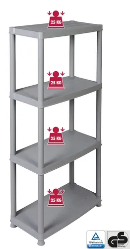 Kunststoffregal 61x30,5x130 cm - Vielseitiges Haushaltsregal - Regal aus robustem Kunststoff, rostfrei und ideal für Keller, Büro oder Camping. Mit 4 Regalfächern und 25 kg Tragkraft pro Fach perfekt für Ordnung und Stauraum.