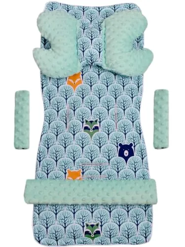 Medi Partners Sitzauflage Kinderwagen Buggy Baby Sommer Kindersitz Einlage Universal - 5tgl Gurtpolster + Spielbogen Kinderwagenset Babyschale (Wald mil minzer Minky)