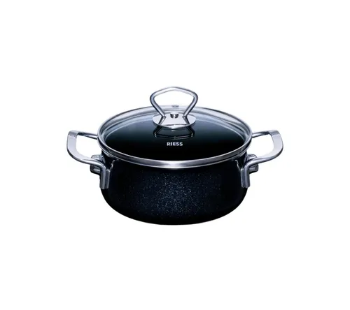 Riess Kasserolle Black Magic mit Glasdeckel - Premium-Email Kasserolle, ideal für alle Kochstellen, inkl. Induktion. Besonders empfohlen bei Nickelallergie und leicht zu reinigen.