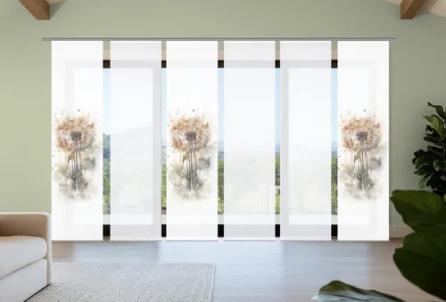 HOME in green Schiebegardine AMARANDE - Elegante Pusteblumen im Set - Die halbtransparente Schiebegardine AMARANDE begeistert mit einem zarten Aquarell-Design und sorgt für eine harmonische Atmosphäre in jedem Raum. Praktisches Set für flexible Anpassung und einfache Handhabung.