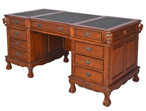 Massiv Mahagoni Schreibtisch mit Löwenköpfen - Antik Computertisch - Schreibtisch im Kolonialstil mit 9 Schubladen, aus hochwertigem Mahagoni-Massivholz, ideal für alle Räume und bietet viel Stauraum.