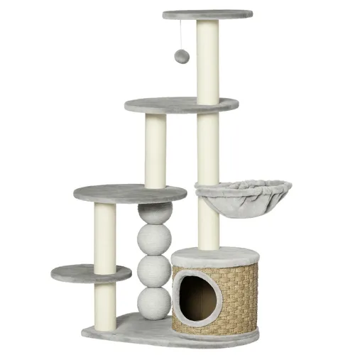 PawHut Kratzbaum mit Katzenhöhle und Hängematte - Kratzbaum für Katzen mit 3 Kratzstämmen, ideal für Spiel und Entspannung, bietet eine gemütliche Höhle und Hängematte für optimale Ruhe.