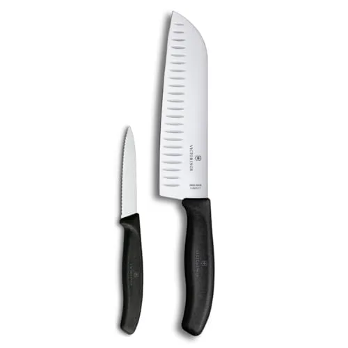 Victorinox Swiss Classic Profi Küchenmesser-Set, 2-teilig, Inkl. Gemüse- und Santokumesser, Universalmesser, Gerade Klingen, 8+17 cm, Scharf, Schwarz