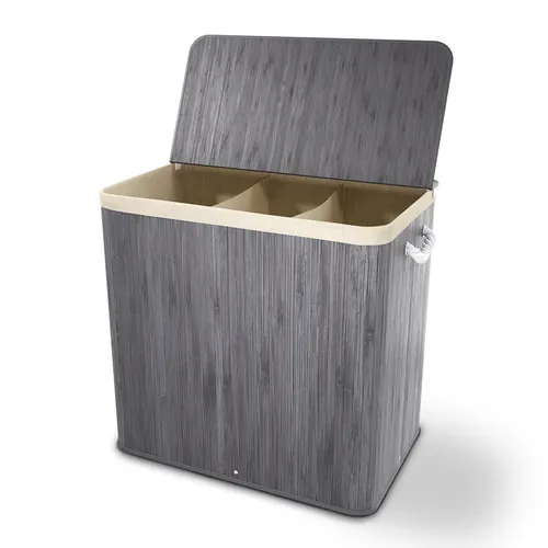 Juskys Bambus Wäschekorb Curly Grau 150L - Wäschekorb mit 3 Fächern, hygienischer Aufbewahrung und modernem Bambus-Design – ideal für Schlafzimmer und Badezimmer.