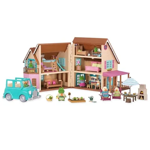 Li’l Woodzeez Honeysuckle Hillside Hütte – Spielhaus mit Zubehör | Aufklappbares Spielhaus mit 2 Tierfamilien, Möbeln, Auto, Geschichtenbüchern und Verandaleuchten für Rollenspiel, 3+ Jahre